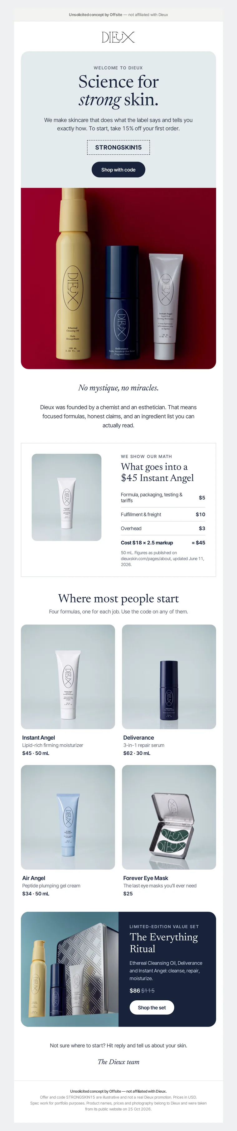 Unsolicited concept welcome email for Dieux, by Offsite (not affiliated)