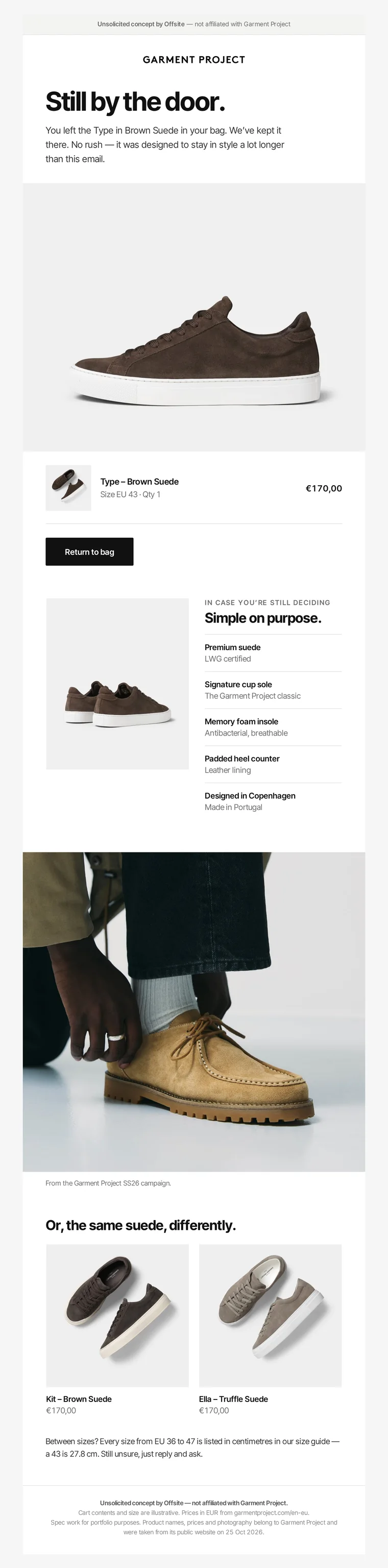 Unsolicited concept abandoned-cart email for Garment Project, by Offsite (not affiliated)