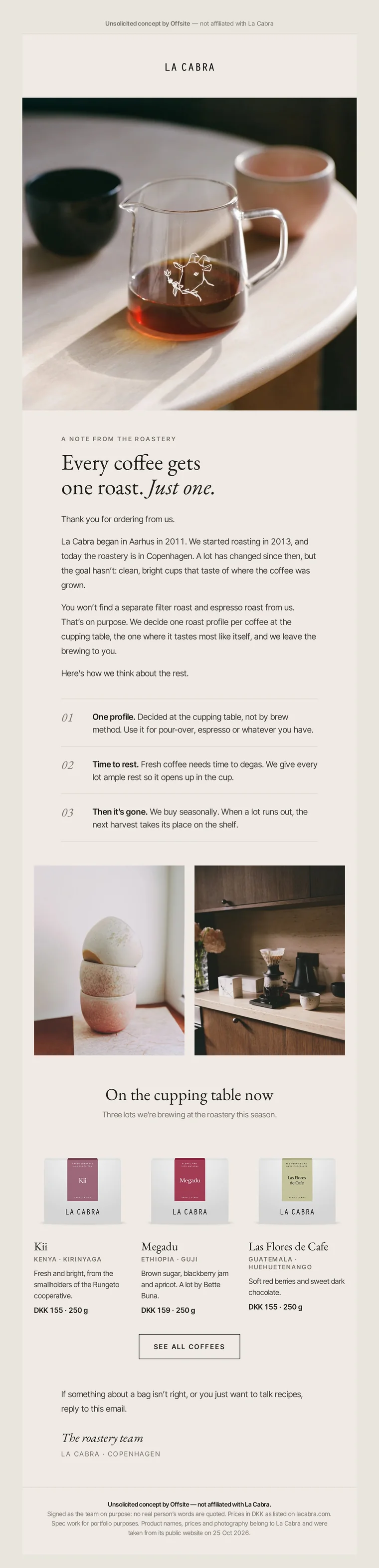 Unsolicited concept founder-note email for La Cabra, by Offsite (not affiliated)