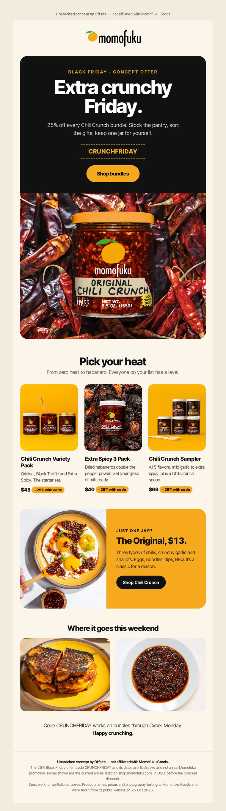 Unsolicited concept Black Friday email for Momofuku, by Offsite (not affiliated)