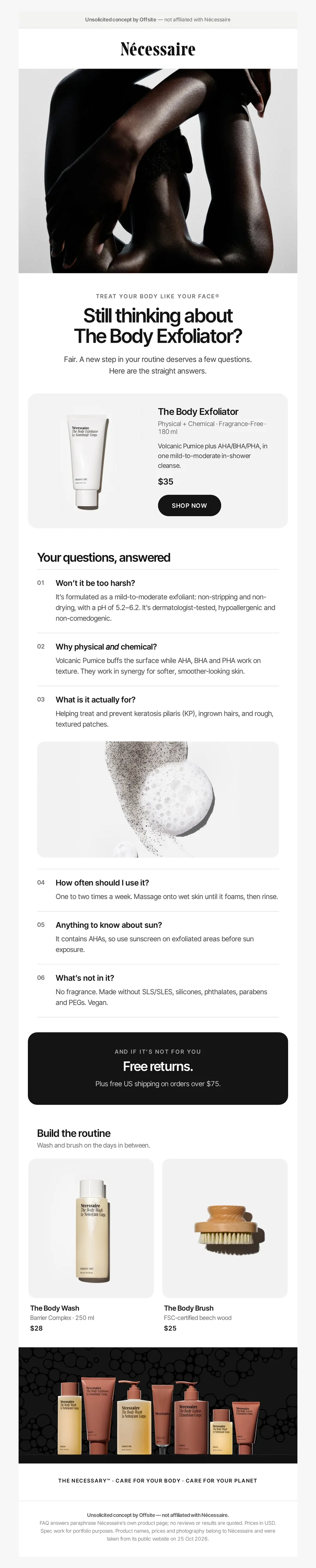 Unsolicited concept email answering objections for Nécessaire, by Offsite (not affiliated)
