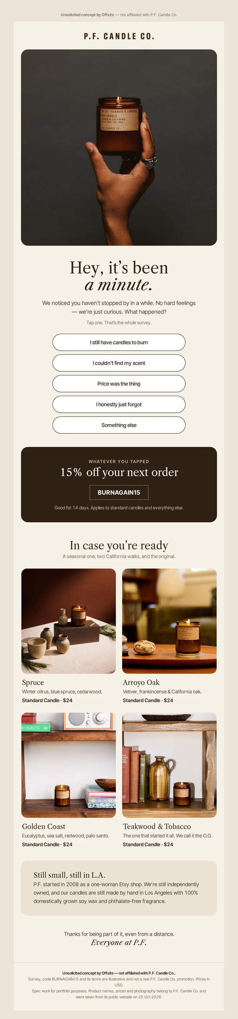 Unsolicited concept winback survey email for P.F. Candle Co., by Offsite (not affiliated)